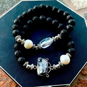 Genuine Gemstones bracelets set black grey pearl&  white pearls + aura crystal